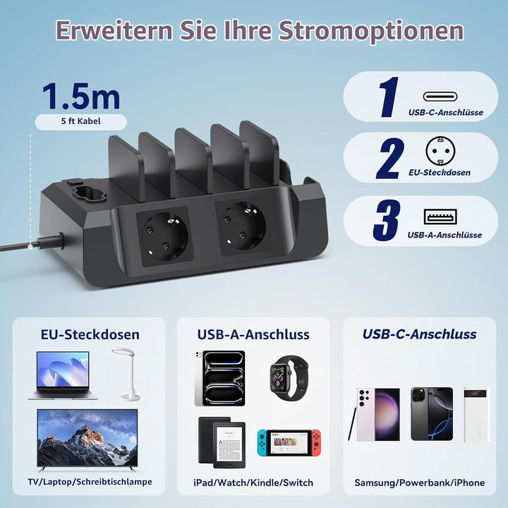 KDD Ladestation für Mehrere Geräte mit 6 Port – 6 in 1 Handy Ladestation mit Kopfhörer &amp; Uhrenhalter