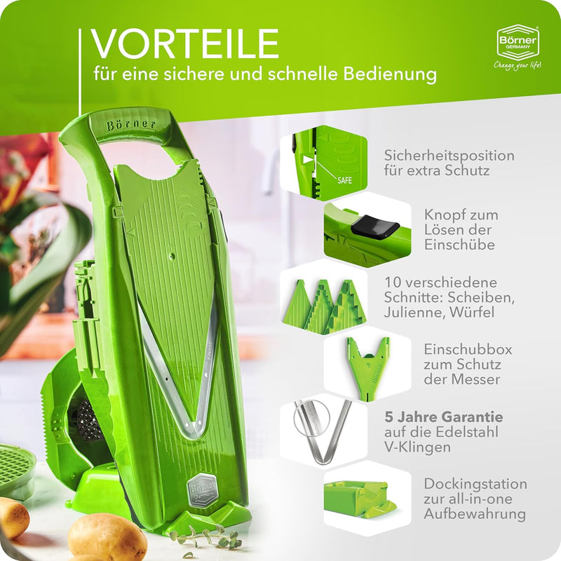 Börner V5 PowerLine Gemüsehobel Profi Set (7-tlg.) • Gemüseschneider (V-Hobel) für Obst & Gemüse + Z