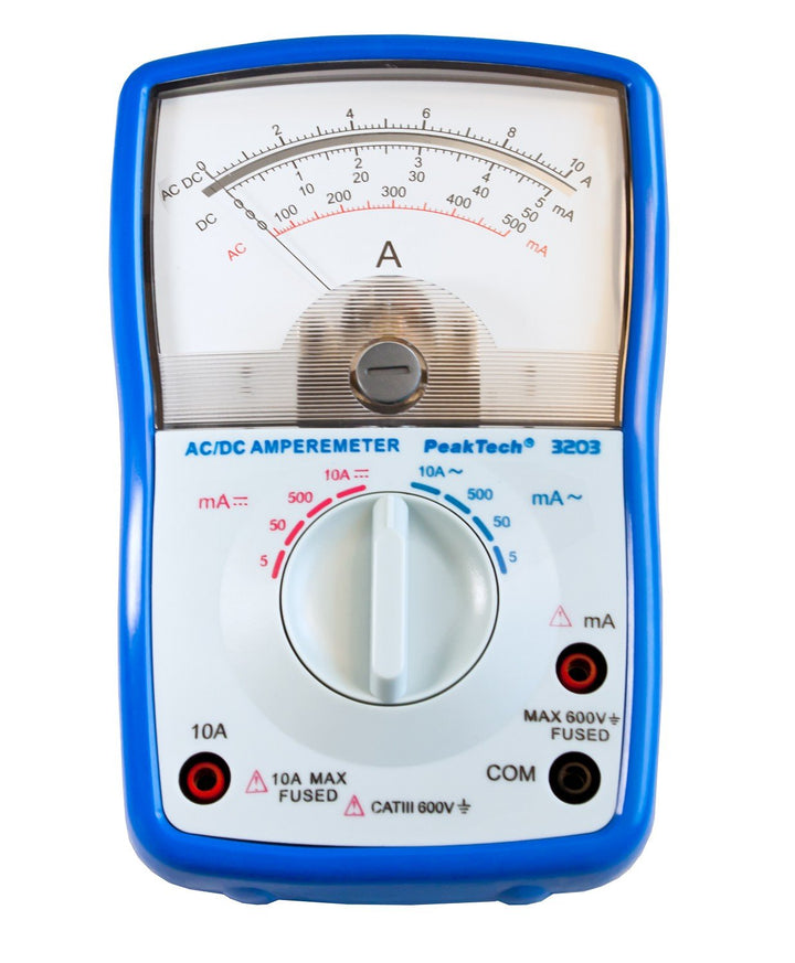 PeakTech Analog Amperemeter; Cat III 600V; Max. 10A AC/DC; 5mA/ 50mA/ 500mA/ 10A AC DC; analoges Ins