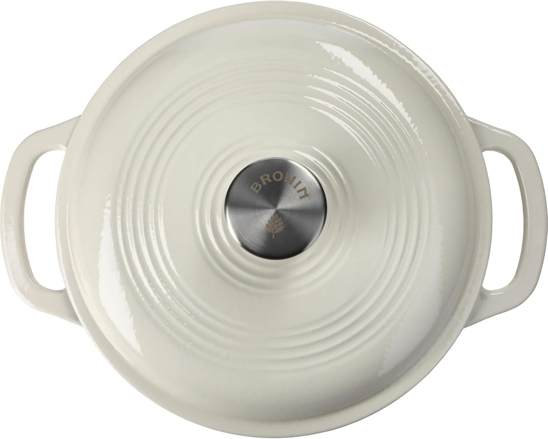 BROWIN® Gusseiserner Emaille-Kochtopf 330540 | 31 x 24 x 12 cm | Ecru, 4L | Emaille Bräter mit Decke