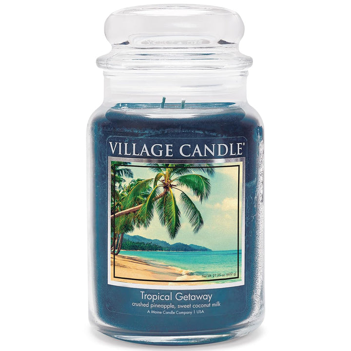 Village Candle Tropische Flucht Duftkerze im Glas 737g, blau, 10.2 x 10.1 x 16.5 cm, 737, 10.2 x 10.