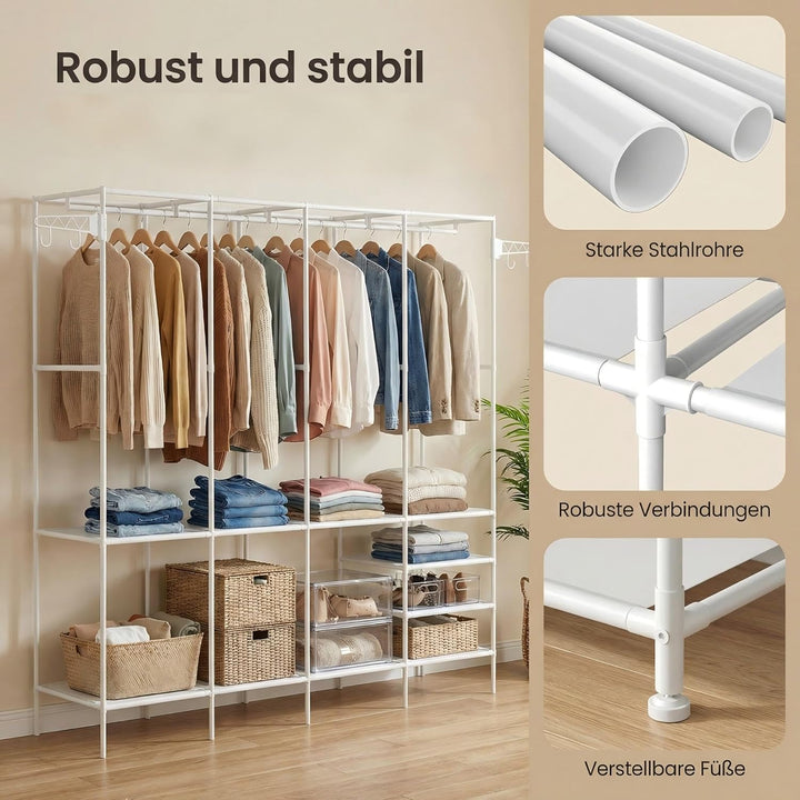 Kleiderständer 4 Ebenen, Offener Kleiderschrank mit Kleiderstange und Ablagen, Freistehender Kleider