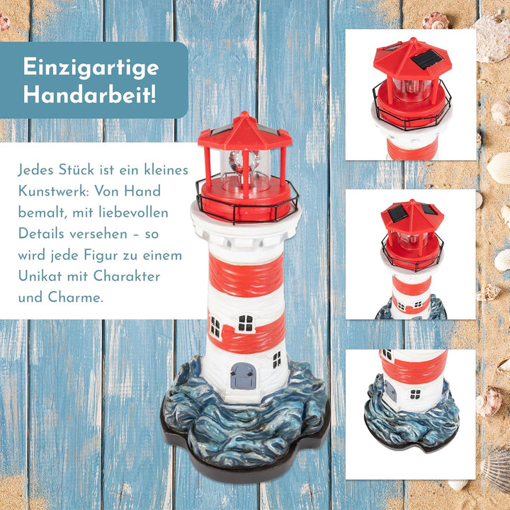 NATIV LEMODO Gartendeko Blauer Leuchtturm mit rotierendem Leuchtfeuer | Handbemalte Gartenfigur mit