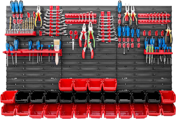 Lagersystem Werkstattregal | 117 x 78 cm | 28 stck. Box | Wandregal mit Werkzeughalterungen und Stap
