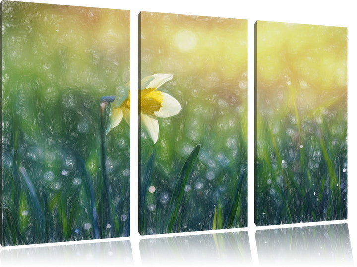 Pixxprint Narzissenblume in der Morgensonne Kunst Buntstift Effekt 3-Teiler Leinwandbild 120x80 Bild