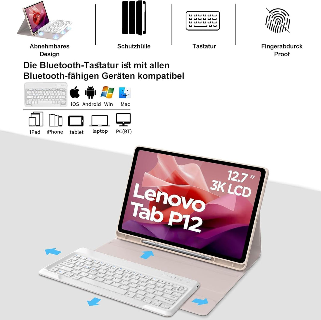 FOGARI Tastatur Hülle für Lenovo Tab P12 12.7" 2023, QWERTZ Layout, Hülle Tastatur mit Magnetisch Ab