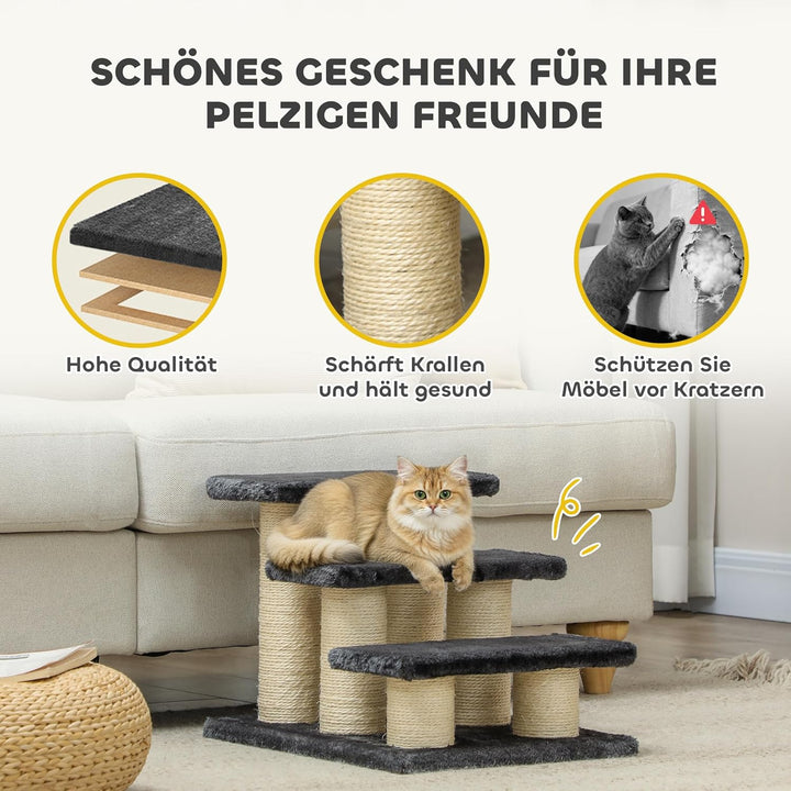 PawHut Tiertreppe Katzentreppe 3 Stufen Hundetreppe Treppe für Katze und Hunde Plüsch Dunkelgrau 45