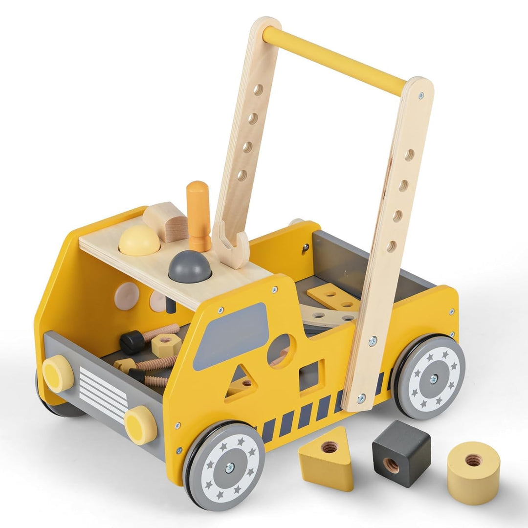 FANTASK Lauflernwagen Holz, 2-in-1 Baby Walker, Lauflernhilfe mit Multi-Aktivitätszentrum & Werkbank