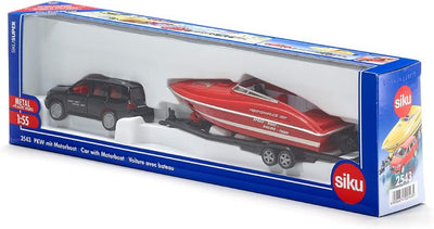 siku 2543, PKW mit Motorboot, 1:55, Metall/Kunststoff, Schwarz/Rot, Schwimmfähiges Spielzeugboot, PK