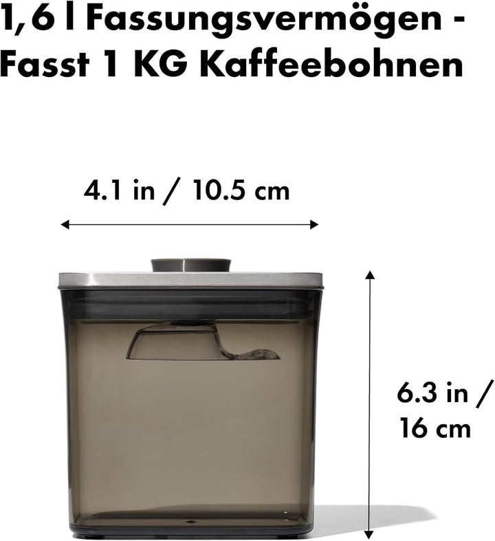 OXO Steel Coffee POP-Behälter mit Schaufel – 1,6 l luftdichte Aufbewahrung, Edelstahldeckel, getönte