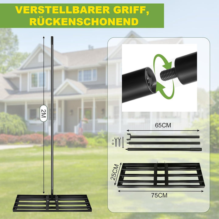 Rasenrechen 75x25cm mit 2m Verstellbarem Griff & Drehsteckersystem , Handlicher Arbeitssparendes Ras
