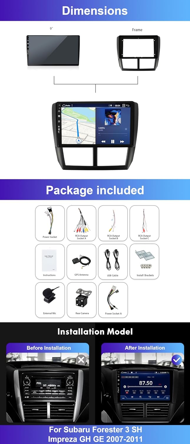 9 Zoll Touchscreen 1080P Android 12 Autoradio für Subaru Foreste/Impreza WRX 2008–2014 GPS – 6G+128G