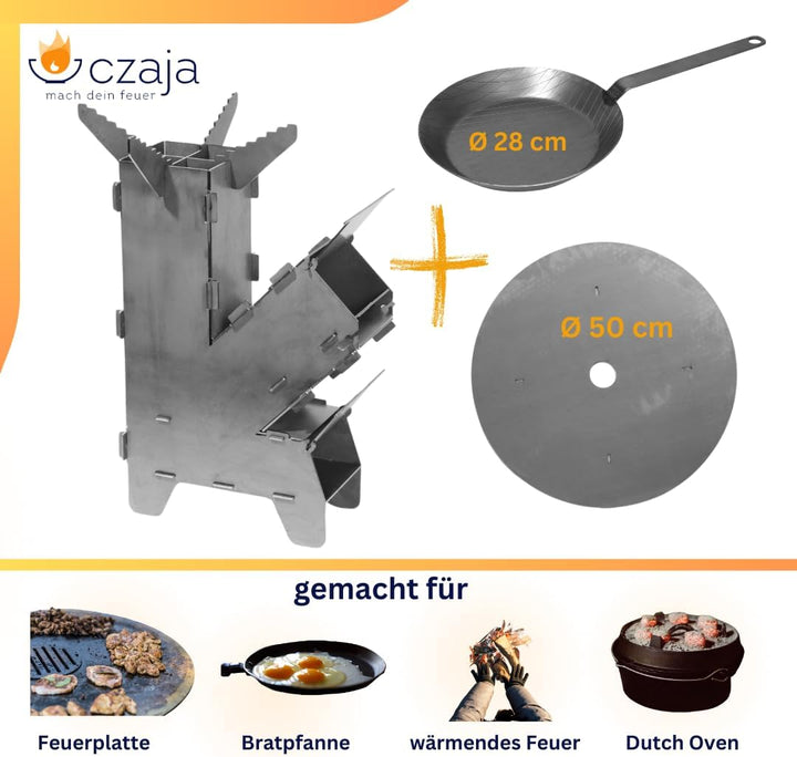 Czaja Raketenofen mit Grillplatte 5 mm dick und Eisen Bratpfanne - Rocket Stove Stecksystem aus mass