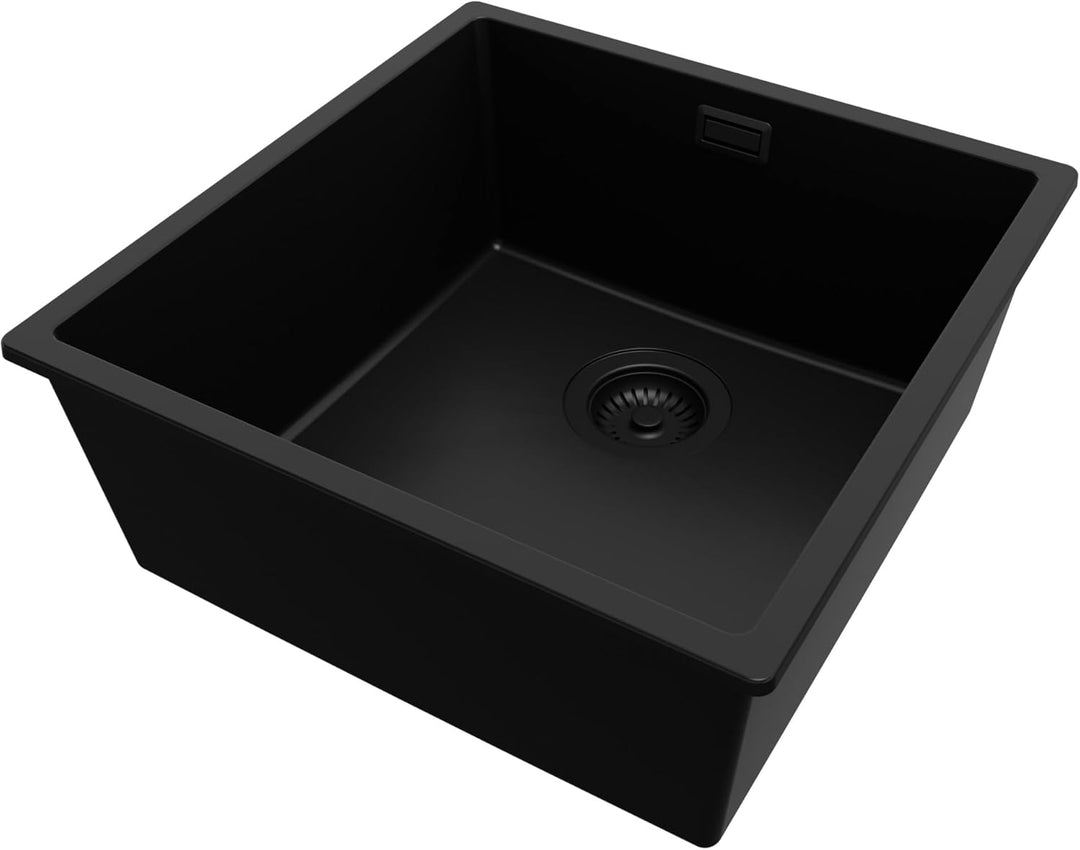Spülbecken Alles Schwarz 46 x 47 cm, Granitspüle 1 Becken + Ablauf-Set Schwarz, Einbauspüle ab 50er