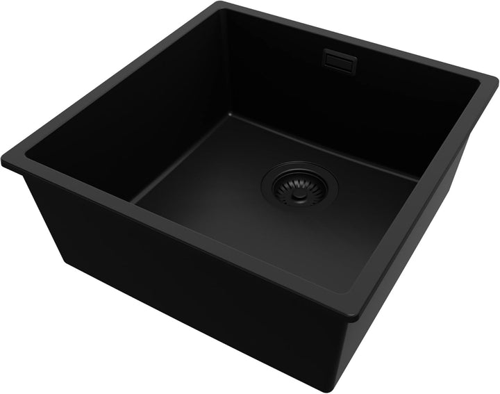 Spülbecken Alles Schwarz 46 x 47 cm, Granitspüle 1 Becken + Ablauf-Set Schwarz, Einbauspüle ab 50er