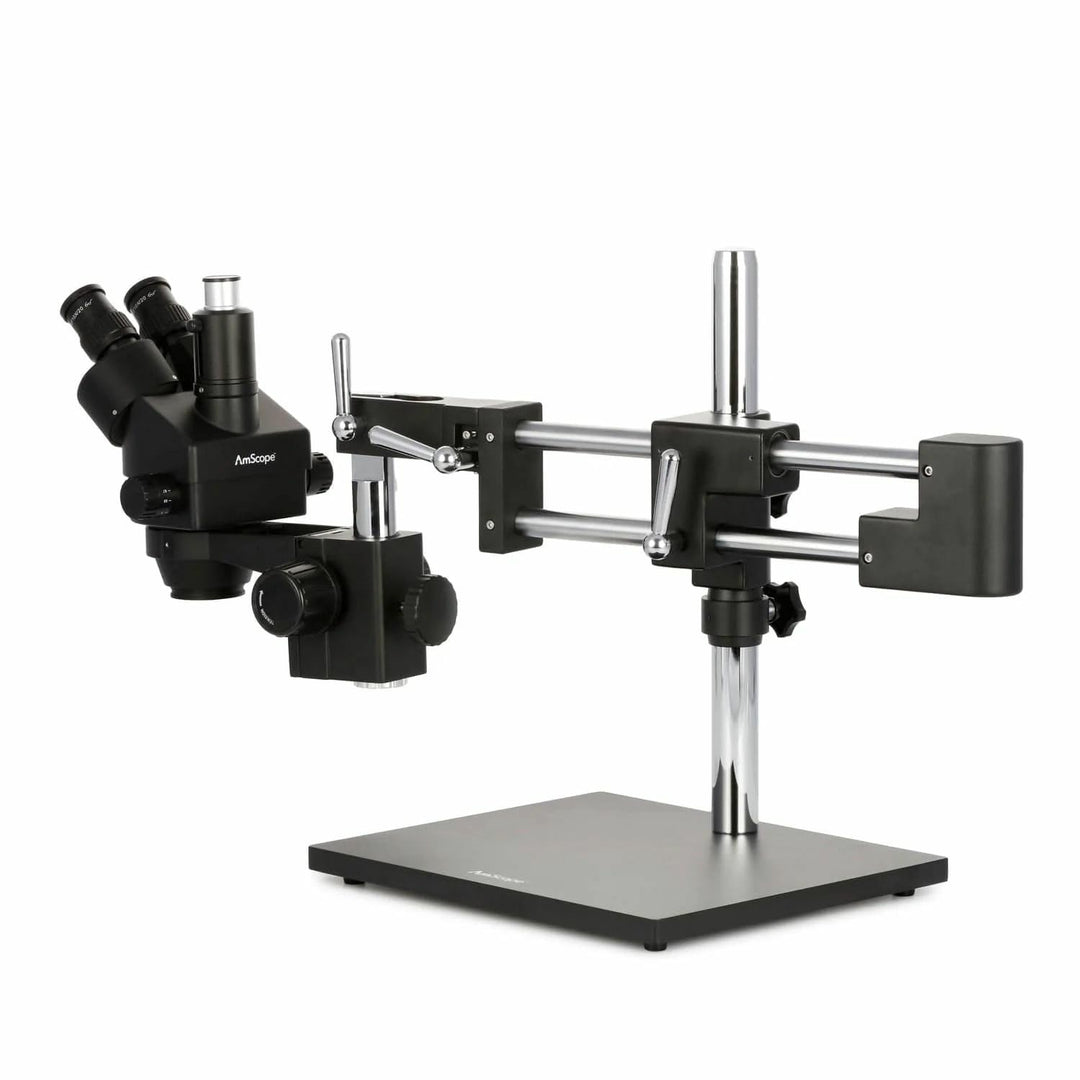 AmScope SM-4TZZ-B Trinokulares Stereo-Zoom-Mikroskop mit Schwarzem Doppelarm-Ausleger, 3.5X-180X, Sc