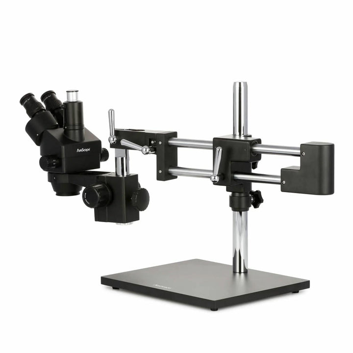 AmScope SM-4TZZ-B Trinokulares Stereo-Zoom-Mikroskop mit Schwarzem Doppelarm-Ausleger, 3.5X-180X, Sc