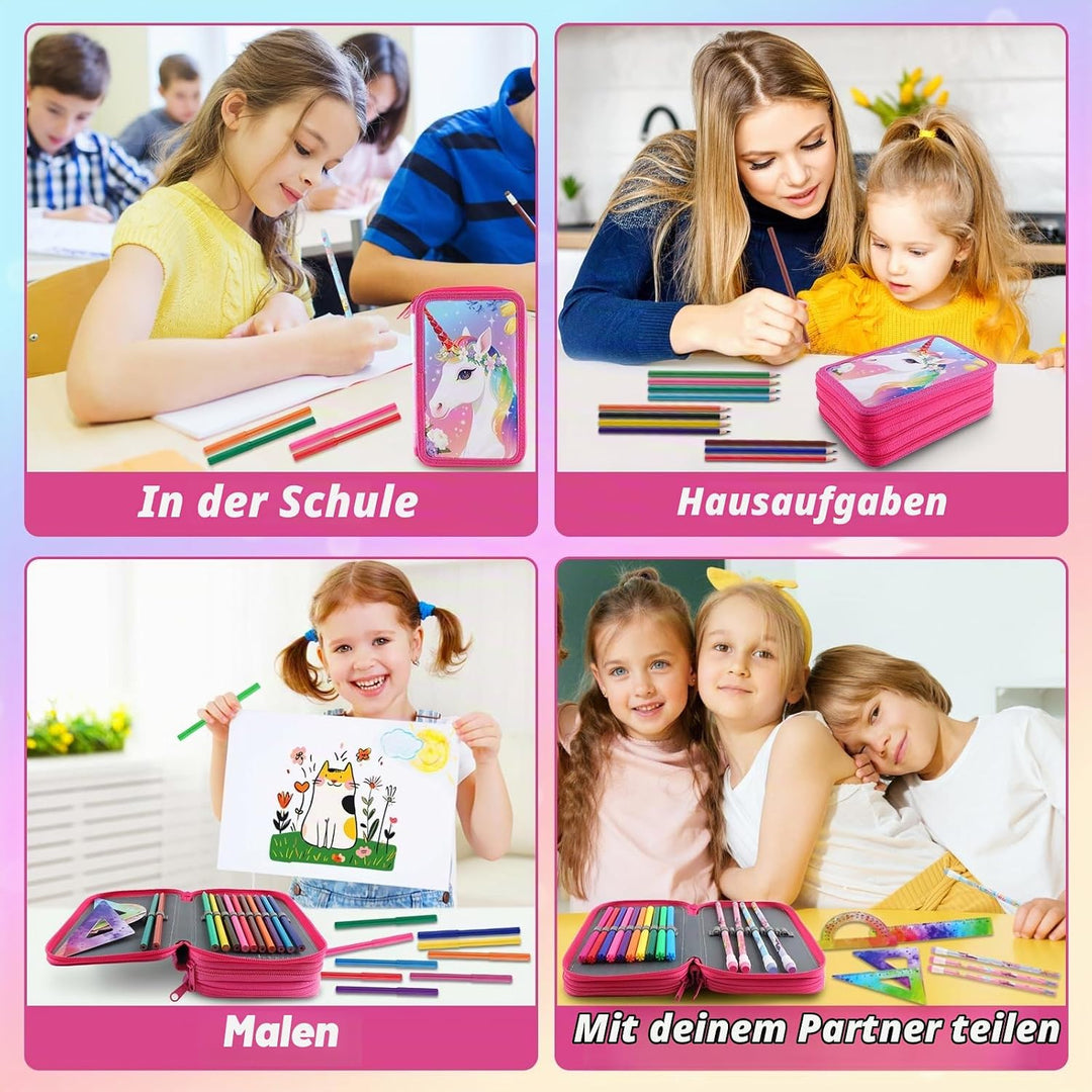 44 Teilen Federmäppchen Einheorne Set Einhorn Federmäppchen 3 Fächer Grosse Kapazität Mäppchen Mädch