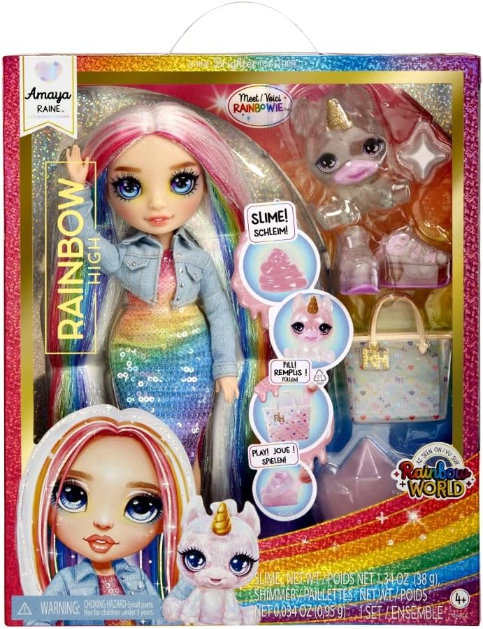 Rainbow High Modepuppe mit Schleim & Haustier - Amaya (Regenbogenfarben) - 28 cm Schimmernde Puppe m