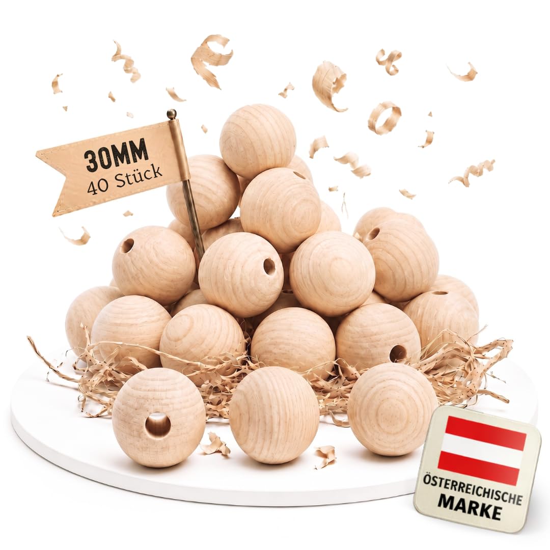 EV® Holzkugeln mit Loch - 40 Stück 30mm Durchmesser - Made in Austria - Grosse Holzperlen mit 6mm Bo