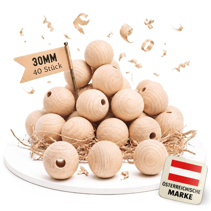 EV® Holzkugeln mit Loch - 40 Stück 30mm Durchmesser - Made in Austria - Grosse Holzperlen mit 6mm Bo