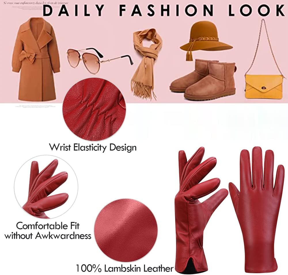 MGGMOKAY Damen Lederhandschuhe Kaschmir gefüttert XXL Rot (Touchscreen, Innenfutter aus Kaschmir), X