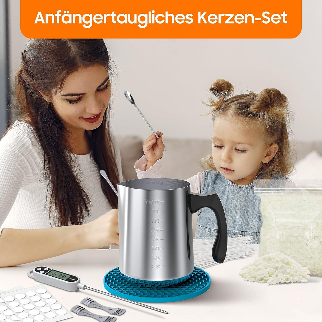 sevkumz Komplettes Kerzenherstellungsset für Anfänger - enthält Schmelztopf, Sojawachs, Dochte, Rühr