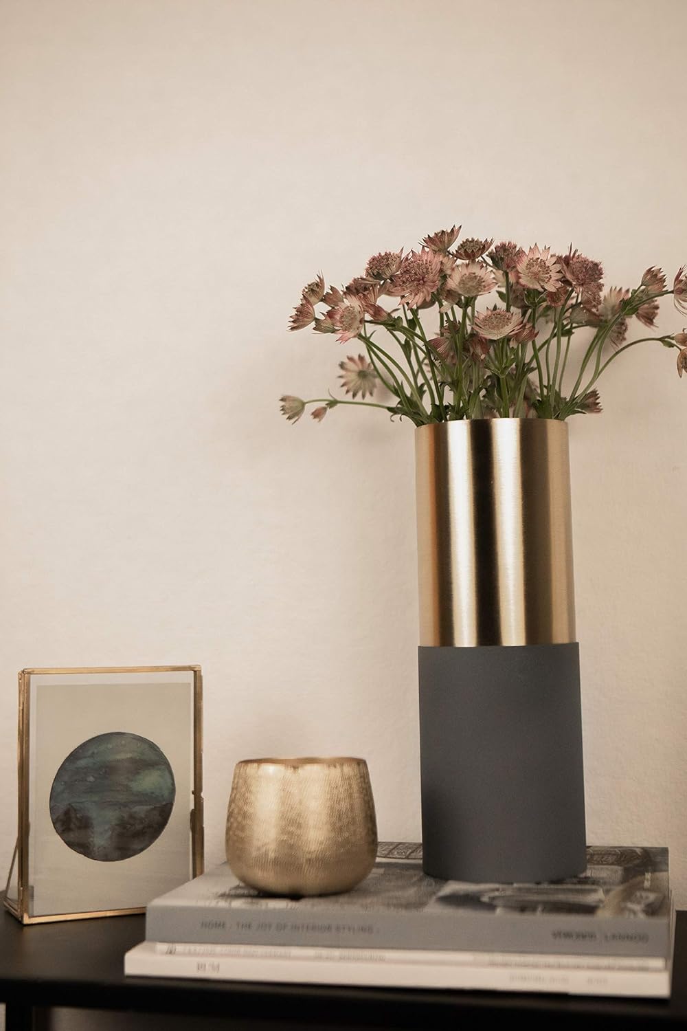 LaLe Living Vase ELYA in Rauchblau &amp; Gold H28 cm x Ø10 cm, grosse Blumenvase aus Eisen zwiefarbig