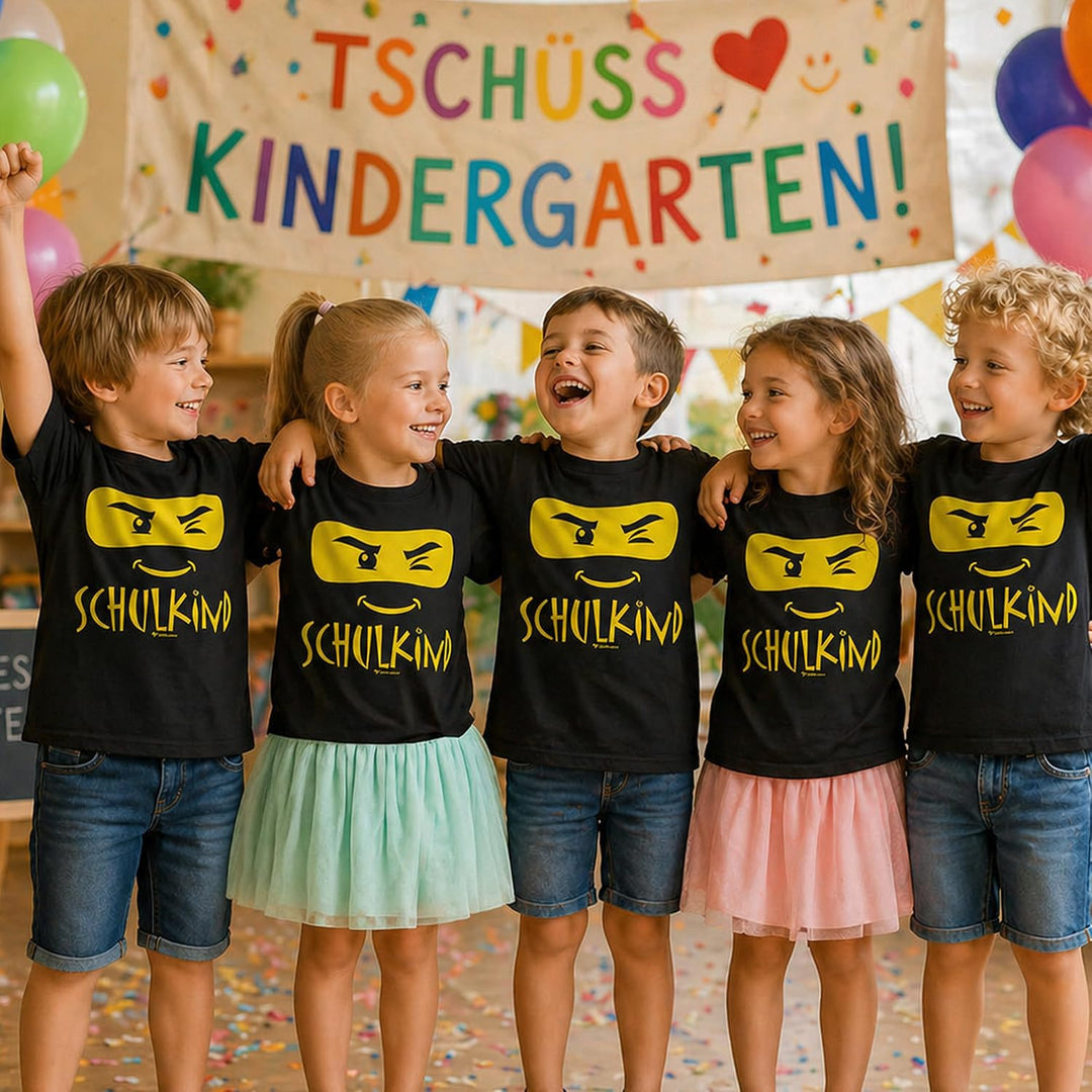 Kinder T-Shirt Schulkind Ninja Einschulungs-T-Shirt mit Wunschname auf dem Rücken, schwarz 134-140,
