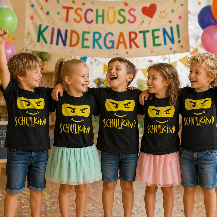 Kinder T-Shirt Schulkind Ninja Einschulungs-T-Shirt mit Wunschname auf dem Rücken, schwarz 134-140,