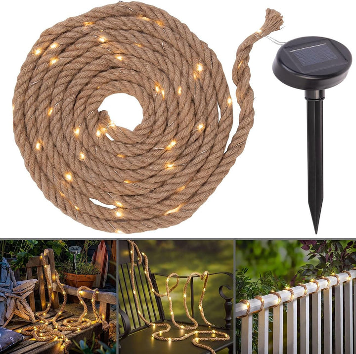 Lunartec Solar-Jute-Lichterkette: Solar-Seil-Lichterkette aus Naturfasern mit 60 eingearbeiteten LED