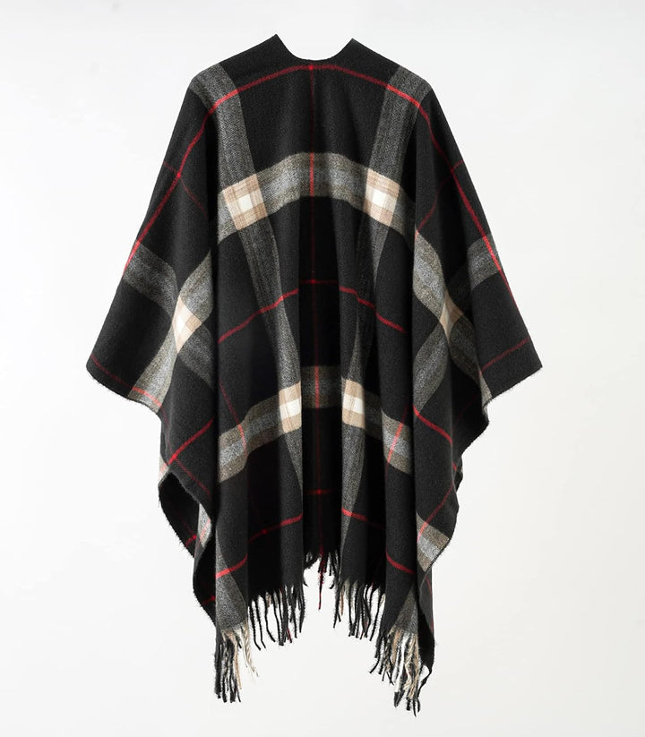 Danfiki Damen Poncho Schal Cashmere Feeling Strick Cape Cardigan Einheitsgrösse Doppelgitter Schwarz