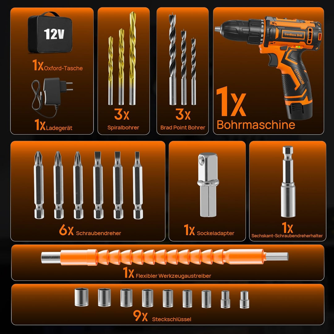 Akkuschrauber Set, 12V Akku Bohrschrauber, 2 Gang Akkubohrer, 25+1 Drehmomenteinstellungen, 25 Nm Dr