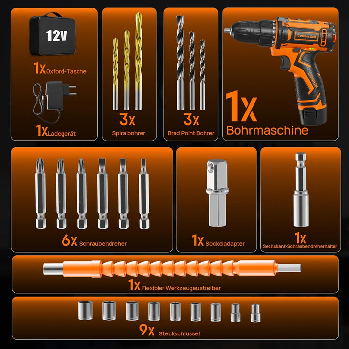 Akkuschrauber Set, 12V Akku Bohrschrauber, 2 Gang Akkubohrer, 25+1 Drehmomenteinstellungen, 25 Nm Dr