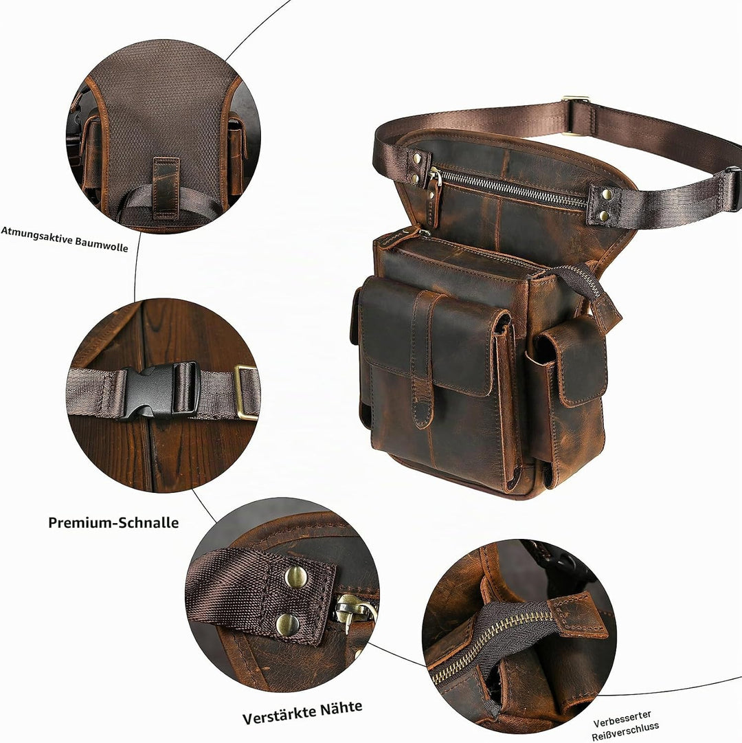 Herren Canvas + Leder Motorrad Reiten Tasche Beinbeutel Beintasche Aussenbeintasche Hüfttasche Drop