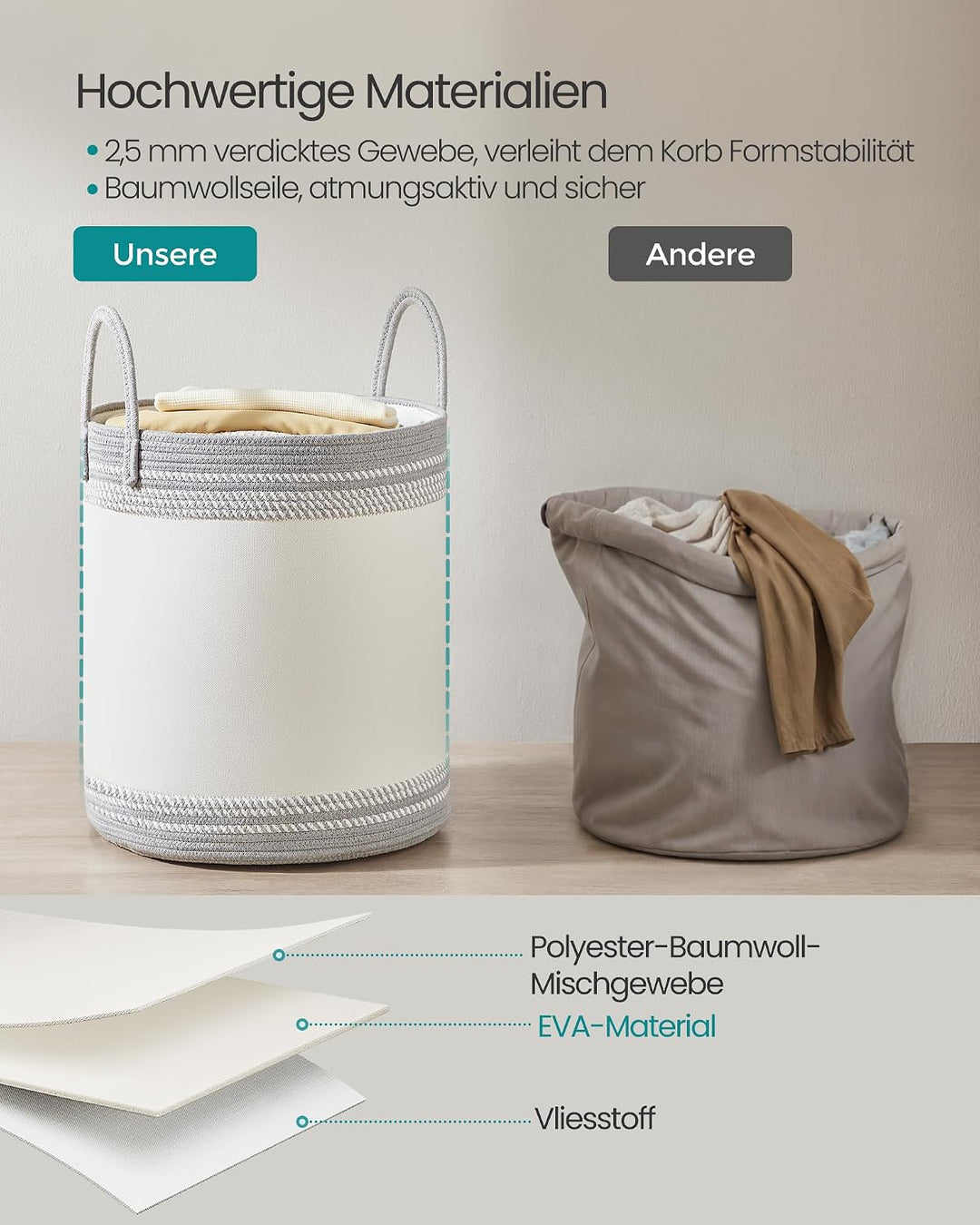 SONGMICS Wäschekorb aus Baumwollseil mit Henkel, Aufbewahrungskorb | Wäschesammler, für Decken, Klei