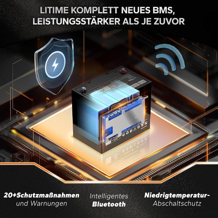 LiTime LiFePO4 100Ah Lithium Batterie 12V mit Bluetooth, 1280Wh Gruppo 24, 100A BMS und Max. 15000 Z