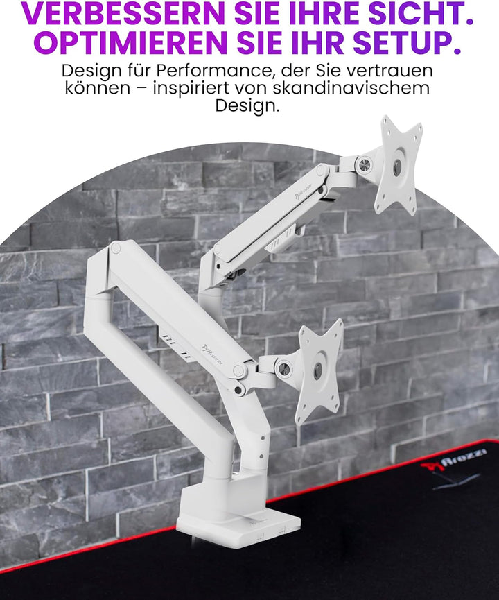 Arozzi Alzare Neo Duo Monitorarm mit Gasfeder - 2 Arme, für 43–86 cm Monitore, VESA 75/100, 360° dre