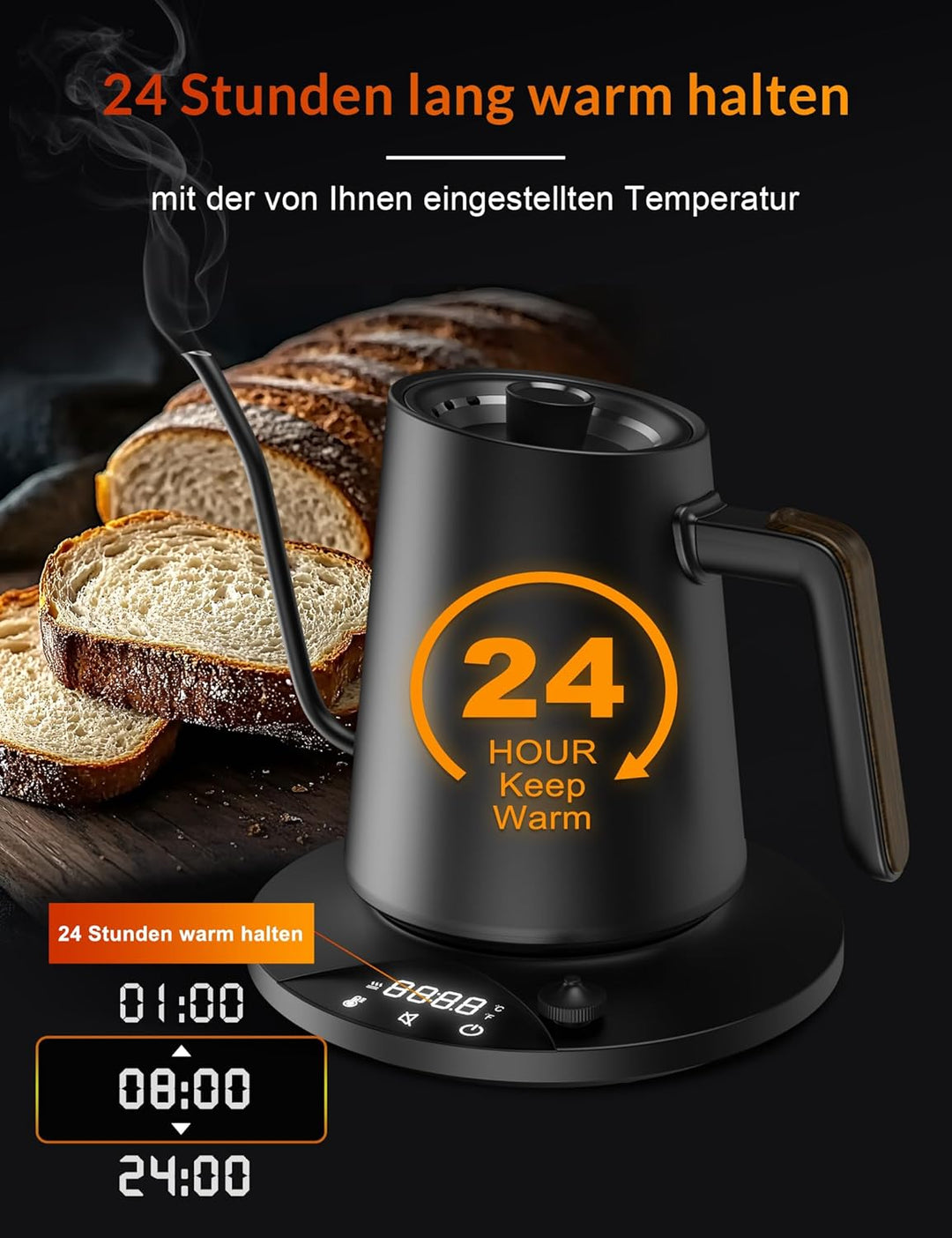 Schwanenhals Wasserkocher,1200W Elektrischer Kaffeekessel aus Edelstahl,Temperatureinstellung mit 24