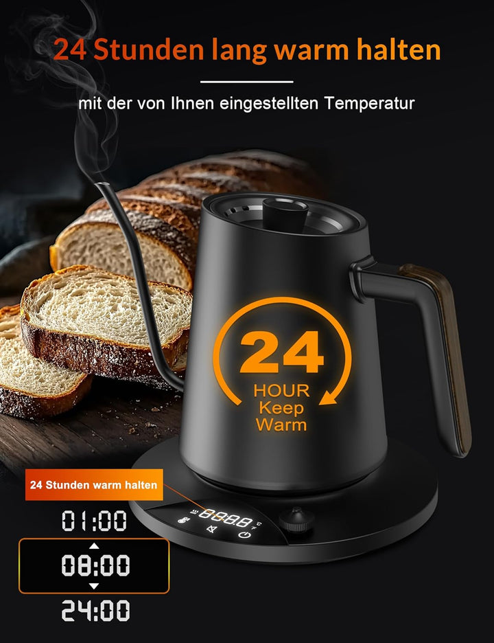 Schwanenhals Wasserkocher,1200W Elektrischer Kaffeekessel aus Edelstahl,Temperatureinstellung mit 24