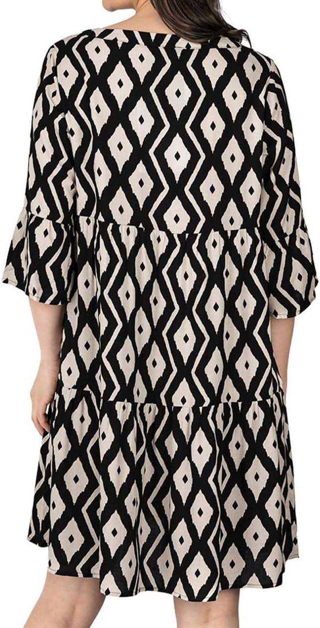 DENIMFY Sommerkleid Damen Knielang A Linie DFFrida 3/4 Ärmel Strandkleid Boho Tunika Kleid Sommer Mi