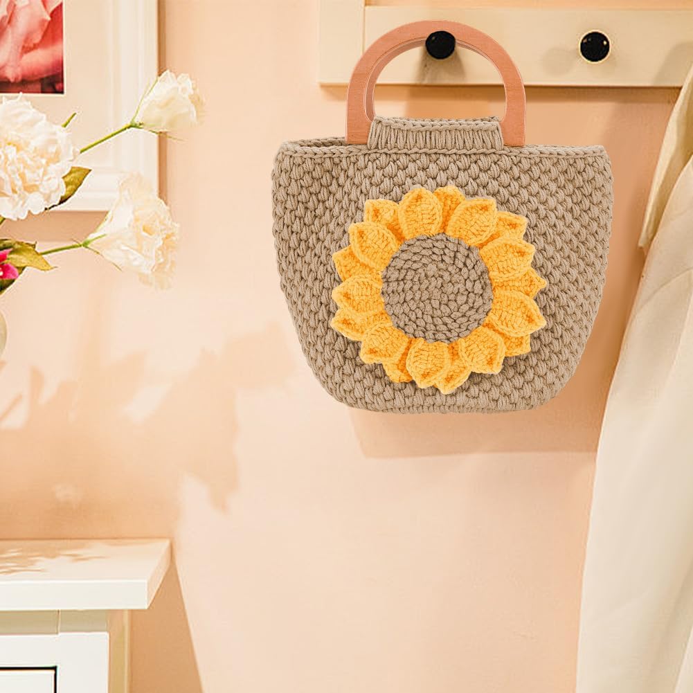 FREEBLOSS Gehäkeltes Sonnenblumen Taschenset Sonnenblumentasche Mit Holzgriff Häkelset Für Anfänger