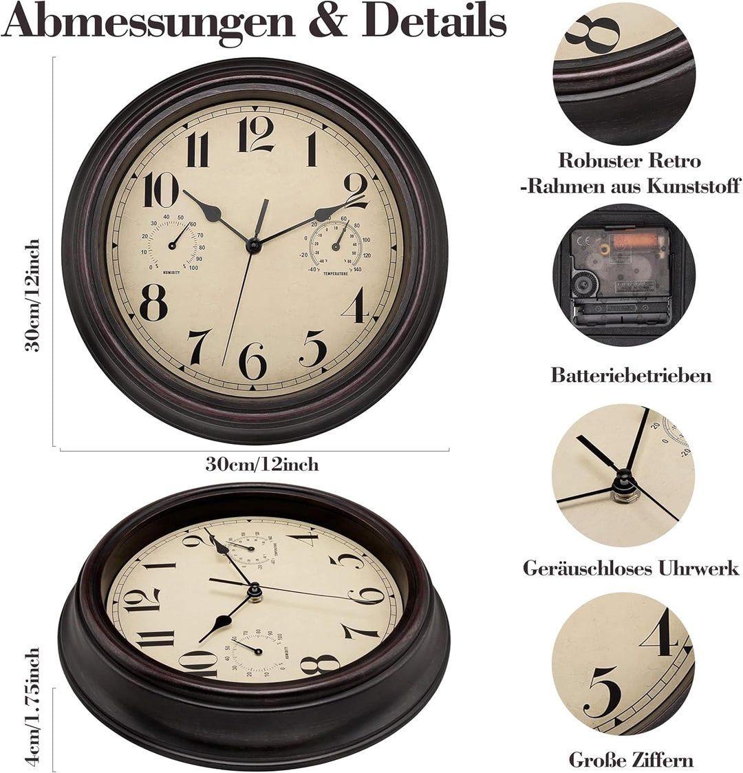 Foxtop Innen Draussen Wetterfeste Wanduhr mit Temperaturanzeige und Hygrometer, Ohne Tickgeräusche L