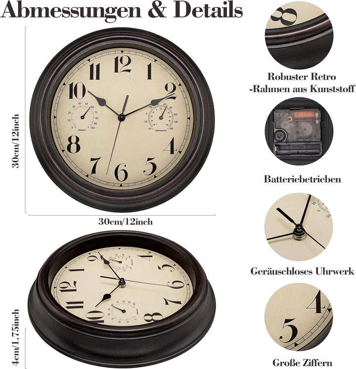 Foxtop Innen Draussen Wetterfeste Wanduhr mit Temperaturanzeige und Hygrometer, Ohne Tickgeräusche L