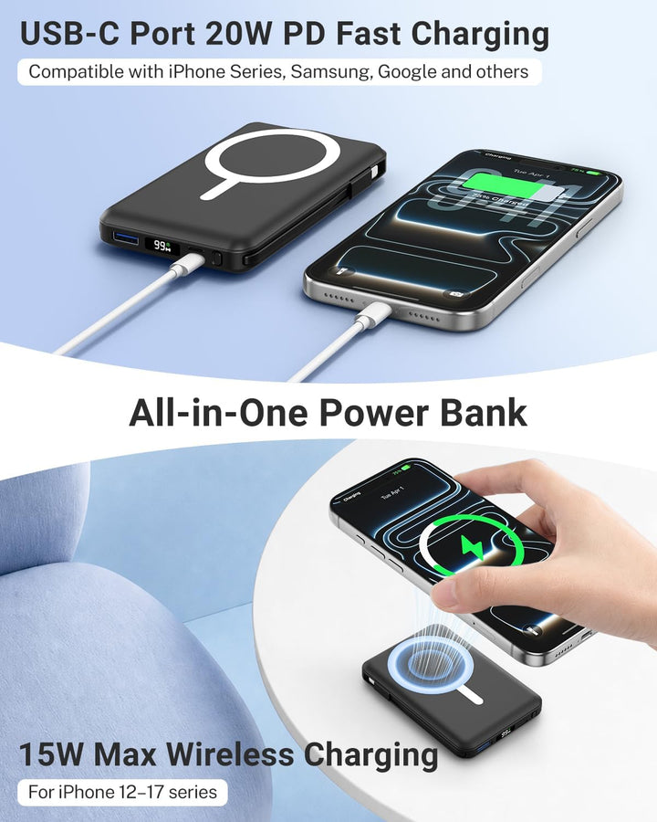 Powerbank für MagSafe, 10000mAh Magnetische Powerbank iPhone Schwarz 10000.0 Milliamperestunden (mAh