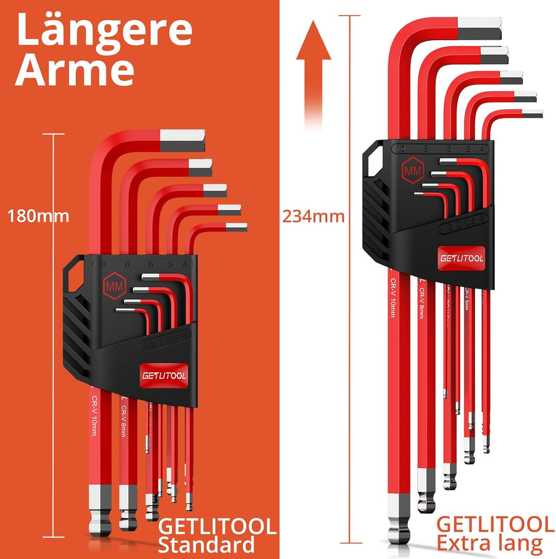 GETLITOOL Innensechskant Satz Lang, 18tlg. Innensechskantschlüssel Kugelkopf Metrisch HX 1,5mm-10mm