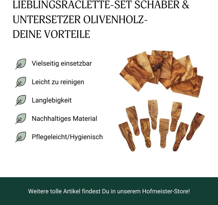 HOFMEISTER® Edles Raclette-Set, 16-teilig, 8x Raclette-Schaber und 8x Raclette-Brettchen, aus Oliven