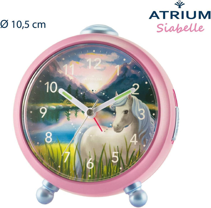 Atrium Kinderwecker Mädchen Siabelle Pferd Rosa Lila Weiss Analog Quarz ohne Ticken mit Licht und Sn