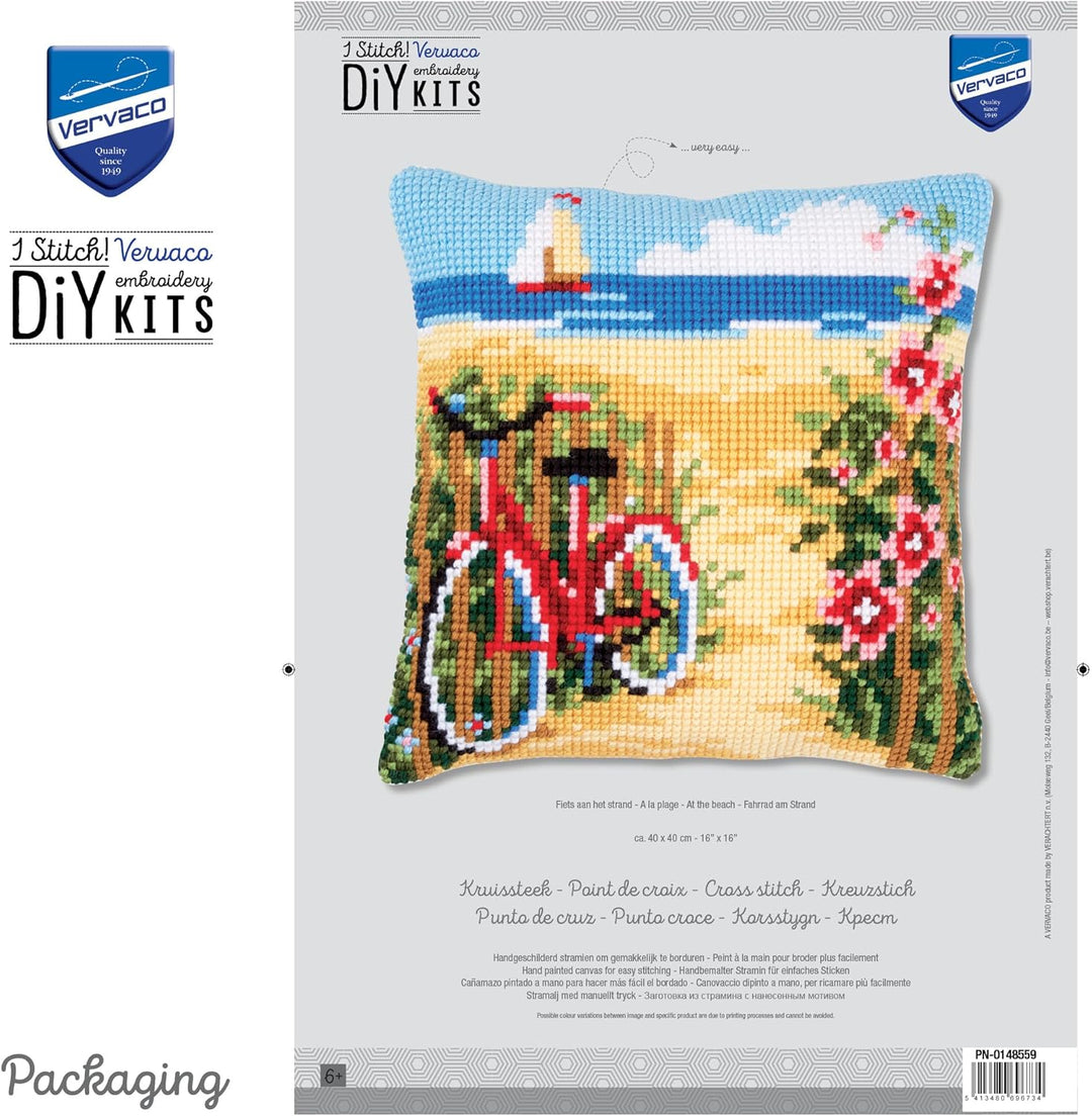 Vervaco Kreuzstichkissen Fahrrad am Strand, Stickbild vorgezeichnet Kreuzstichpackung Kissen, vorbez