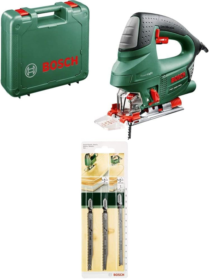Bosch Stichsäge PST 900 PEL (Hubzahl bei Leerlauf 500 bis 3100 U/min, in Kunststoffkoffer) + 3tlg. S